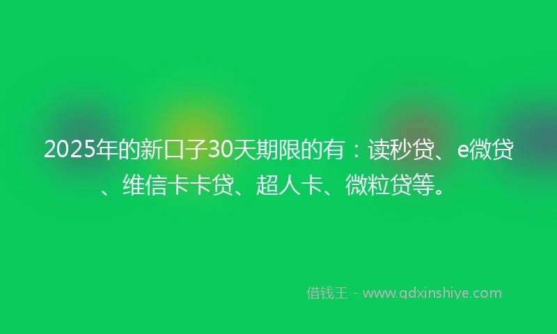 2025年的新口子30天期限的有：读秒贷、e微贷、维信卡卡贷、超人卡、微粒贷等。