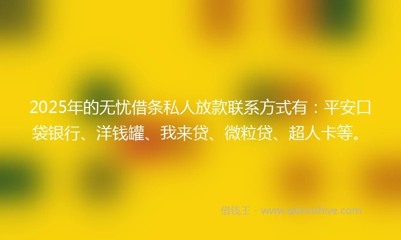 2025年的无忧借条私人放款联系方式有：平安口袋银行、洋钱罐、我来贷、微粒贷、超人卡等。