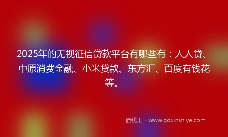 2025年的无视征信贷款平台有哪些有：人人贷、中原消费金融、小米贷款、东方汇、百度有钱花等。