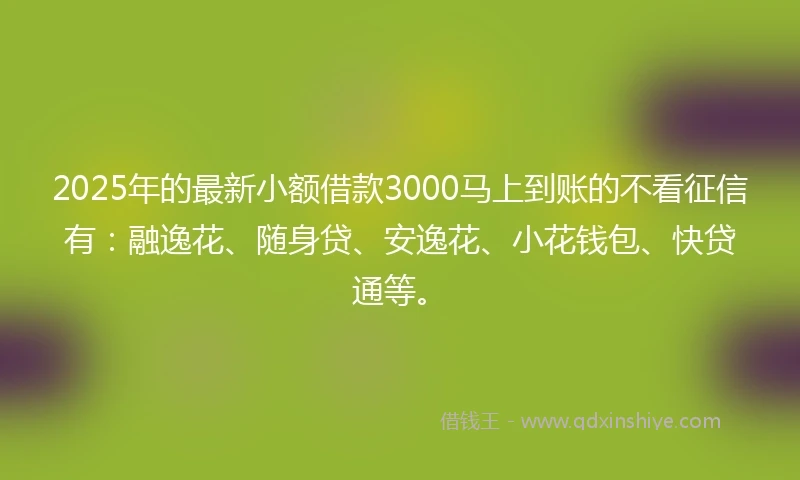 2025年的最新小额借款3000马上到账的不看征信有：融逸花、随身贷、安逸花、小花钱包、快贷通等。