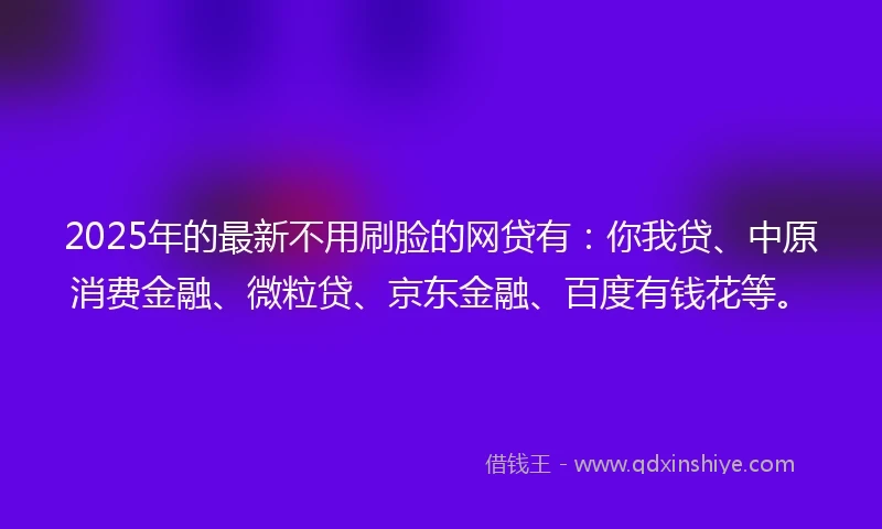 2025年的最新不用刷脸的网贷有：你我贷、中原消费金融、微粒贷、京东金融、百度有钱花等。