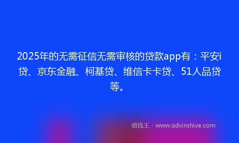 2025年的无需征信无需审核的贷款app有：平安i贷、京东金融、柯基贷、维信卡卡贷、51人品贷等。