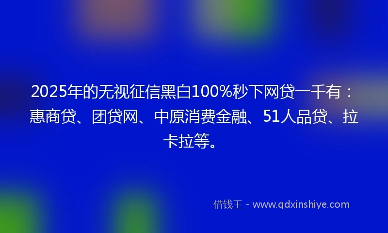 2025年的无视征信黑白100%秒下网贷一千有：惠商贷、团贷网、中原消费金融、51人品贷、拉卡拉等。
