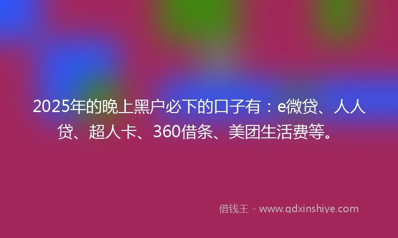 2025年的晚上黑户必下的口子有：e微贷、人人贷、超人卡、360借条、美团生活费等。