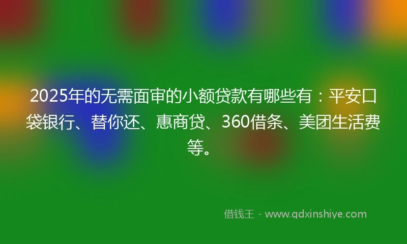 2025年的无需面审的小额贷款有哪些有：平安口袋银行、替你还、惠商贷、360借条、美团生活费等。