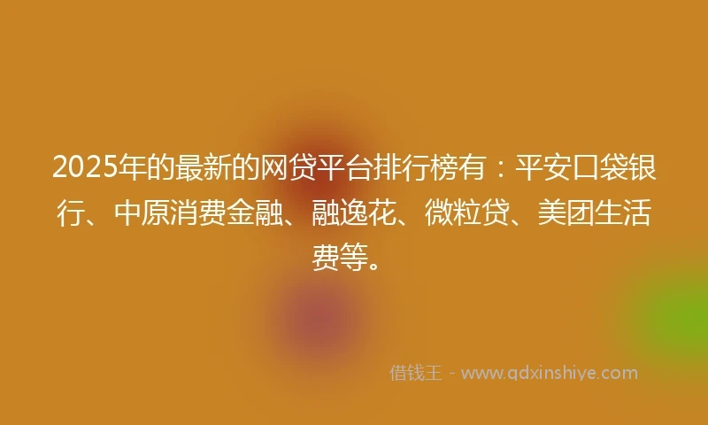 2025年的最新的网贷平台排行榜有：平安口袋银行、中原消费金融、融逸花、微粒贷、美团生活费等。