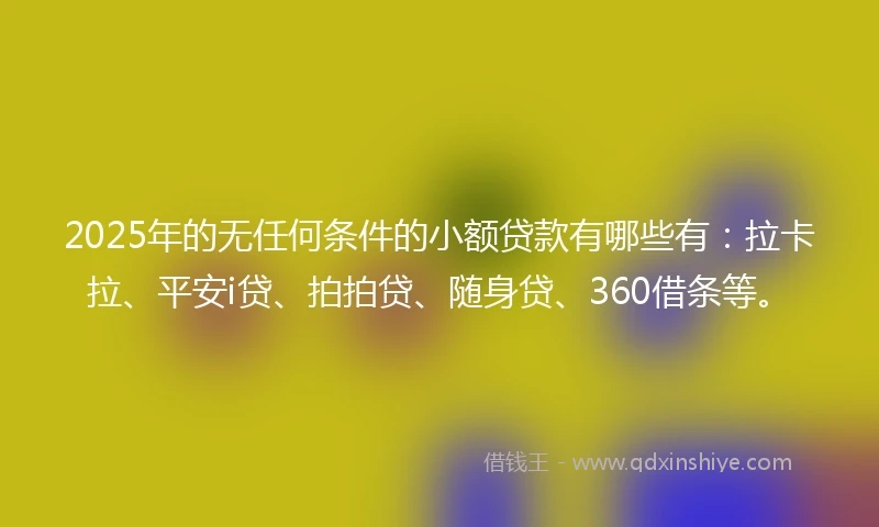 2025年的无任何条件的小额贷款有哪些有：拉卡拉、平安i贷、拍拍贷、随身贷、360借条等。