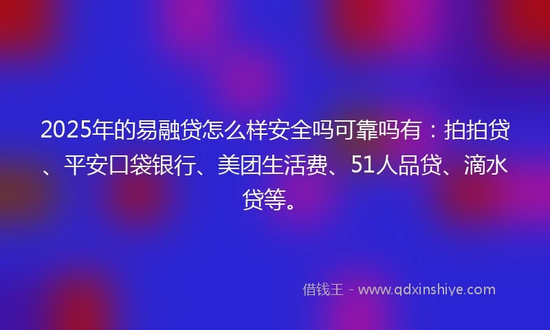2025年的易融贷怎么样安全吗可靠吗有：拍拍贷、平安口袋银行、美团生活费、51人品贷、滴水贷等。