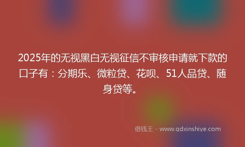 2025年的无视黑白无视征信不审核申请就下款的口子有：分期乐、微粒贷、花呗、51人品贷、随身贷等。