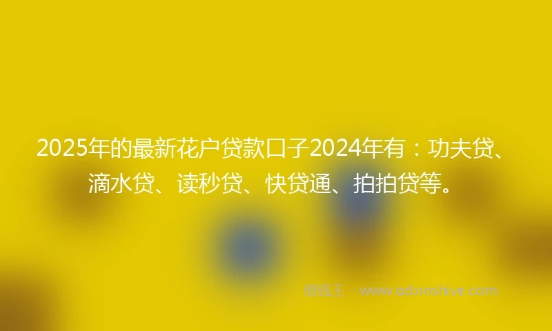 2025年的最新花户贷款口子2024年有：功夫贷、滴水贷、读秒贷、快贷通、拍拍贷等。