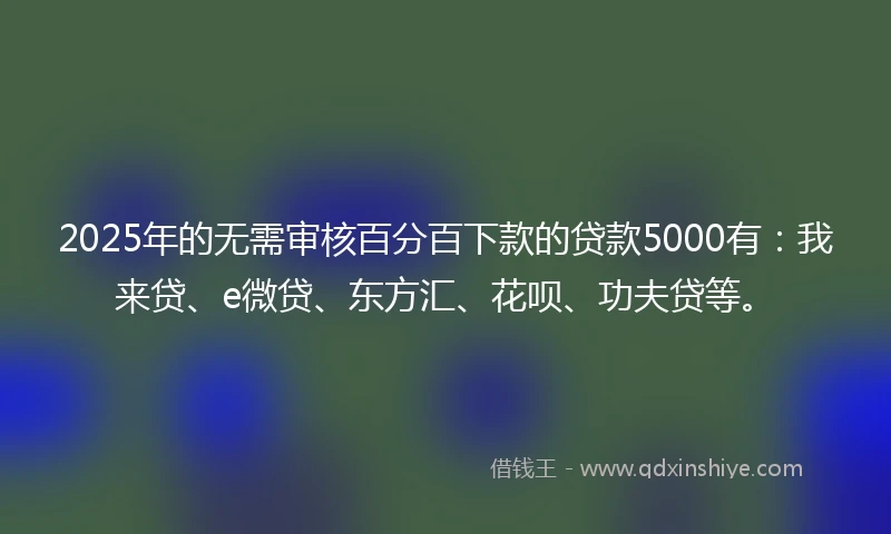 2025年的无需审核百分百下款的贷款5000有：我来贷、e微贷、东方汇、花呗、功夫贷等。