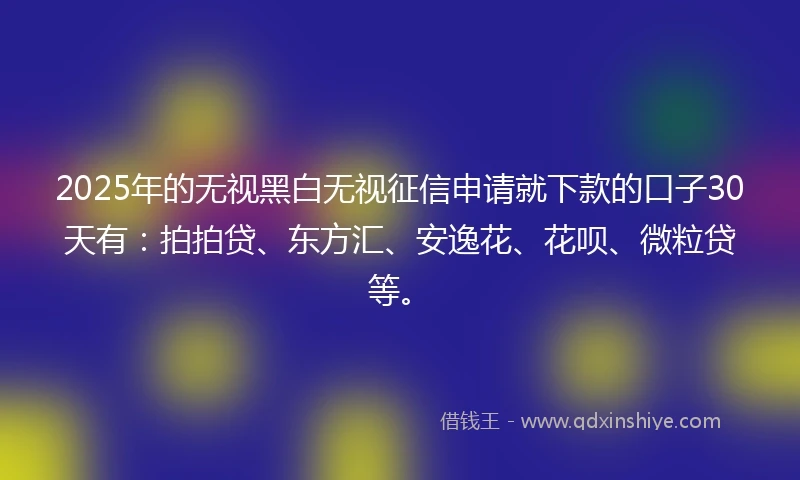 2025年的无视黑白无视征信申请就下款的口子30天有：拍拍贷、东方汇、安逸花、花呗、微粒贷等。