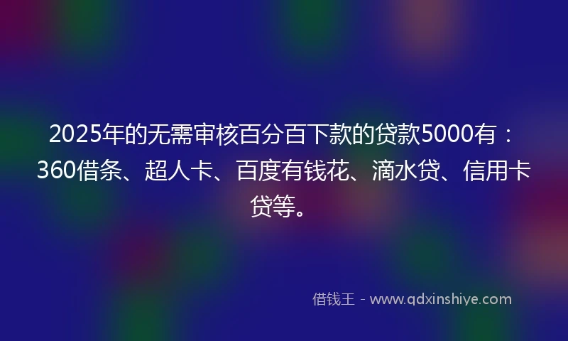 2025年的无需审核百分百下款的贷款5000有：360借条、超人卡、百度有钱花、滴水贷、信用卡贷等。