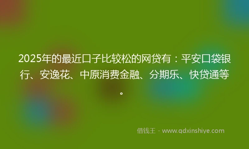 2025年的最近口子比较松的网贷有:平安口袋银行、安逸花、中原消费金融、分期乐、快贷通等。