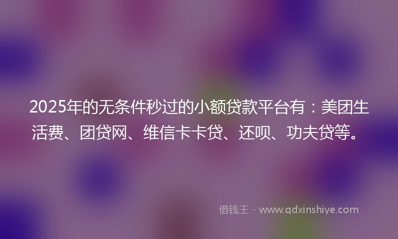 2025年的无条件秒过的小额贷款平台有：美团生活费、团贷网、维信卡卡贷、还呗、功夫贷等。