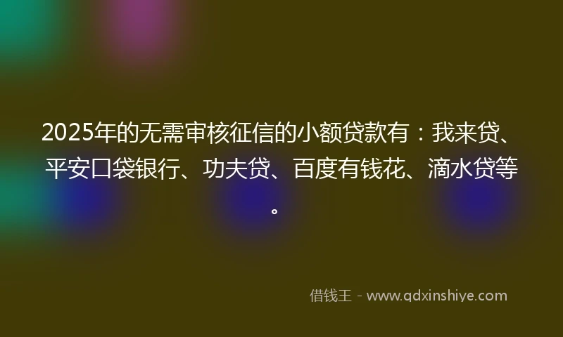 2025年的无需审核征信的小额贷款有：我来贷、平安口袋银行、功夫贷、百度有钱花、滴水贷等。
