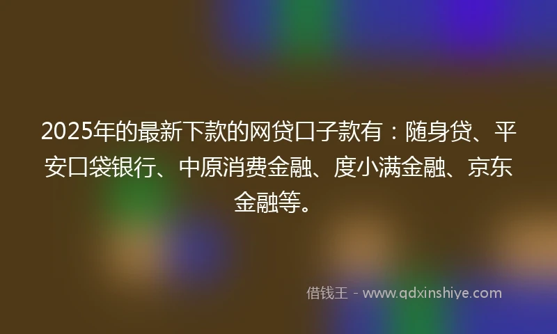 2025年的最新下款的网贷口子款有:随身贷、平安口袋银行、中原消费金融、度小满金融、京东金融等。
