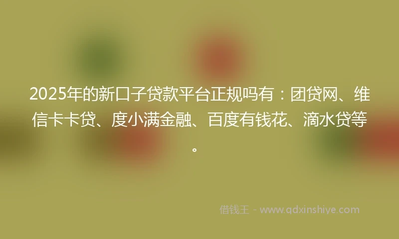 2025年的新口子贷款平台正规吗有：团贷网、维信卡卡贷、度小满金融、百度有钱花、滴水贷等。