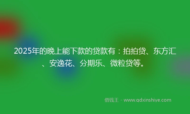 2025年的晚上能下款的贷款有：拍拍贷、东方汇、安逸花、分期乐、微粒贷等。