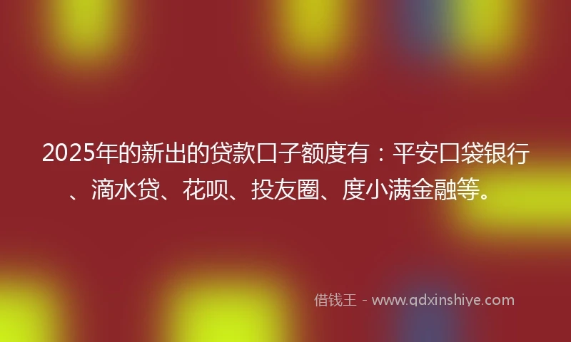 2025年的新出的贷款口子额度有：平安口袋银行、滴水贷、花呗、投友圈、度小满金融等。