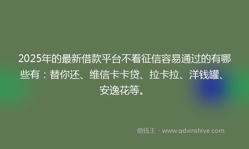 2025年的最新借款平台不看征信容易通过的有哪些有：替你还、维信卡卡贷、拉卡拉、洋钱罐、安逸花等。