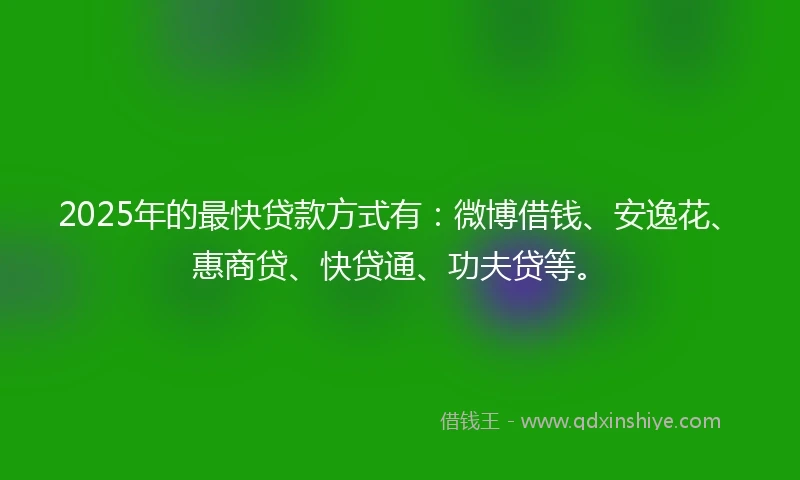 2025年的最快贷款方式有：微博借钱、安逸花、惠商贷、快贷通、功夫贷等。