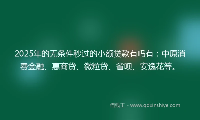 2025年的无条件秒过的小额贷款有吗有：中原消费金融、惠商贷、微粒贷、省呗、安逸花等。