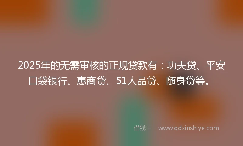 2025年的无需审核的正规贷款有：功夫贷、平安口袋银行、惠商贷、51人品贷、随身贷等。