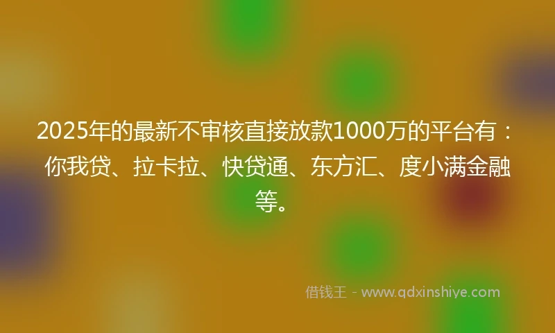 2025年的最新不审核直接放款1000万的平台有：你我贷、拉卡拉、快贷通、东方汇、度小满金融等。