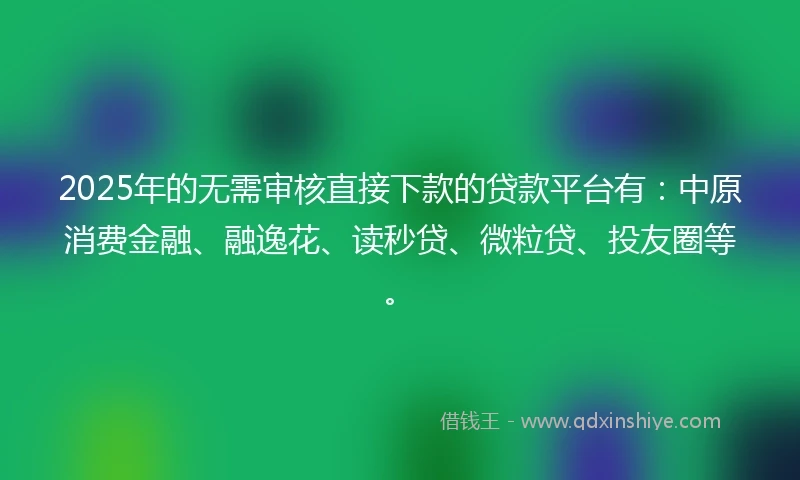 2025年的无需审核直接下款的贷款平台有：中原消费金融、融逸花、读秒贷、微粒贷、投友圈等。