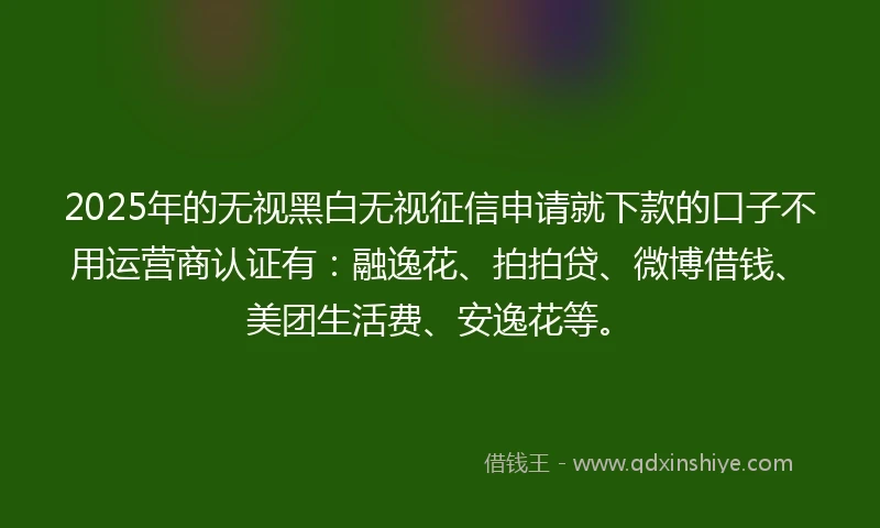 2025年的无视黑白无视征信申请就下款的口子不用运营商认证有：融逸花、拍拍贷、微博借钱、美团生活费、安逸花等。