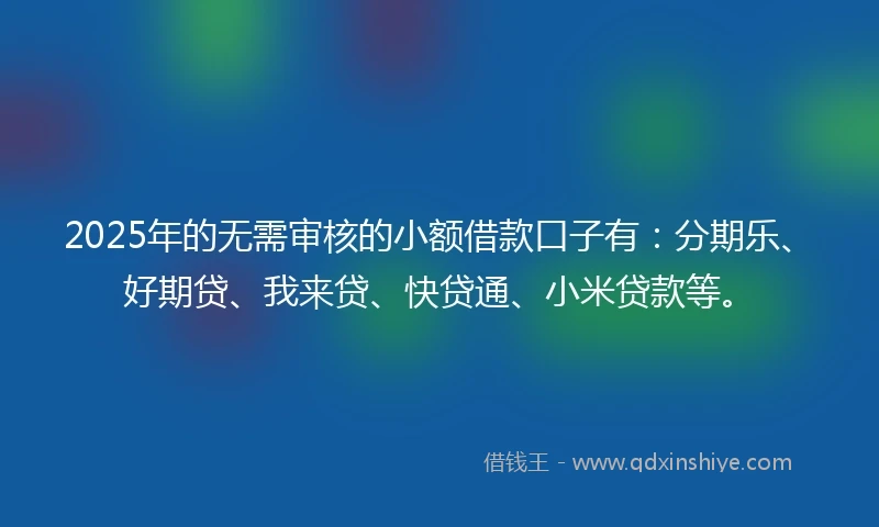 2025年的无需审核的小额借款口子有：分期乐、好期贷、我来贷、快贷通、小米贷款等。
