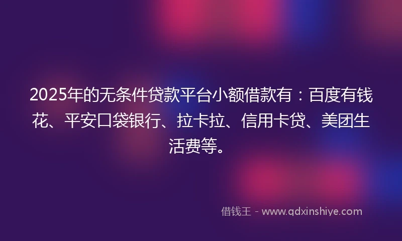 2025年的无条件贷款平台小额借款有：百度有钱花、平安口袋银行、拉卡拉、信用卡贷、美团生活费等。