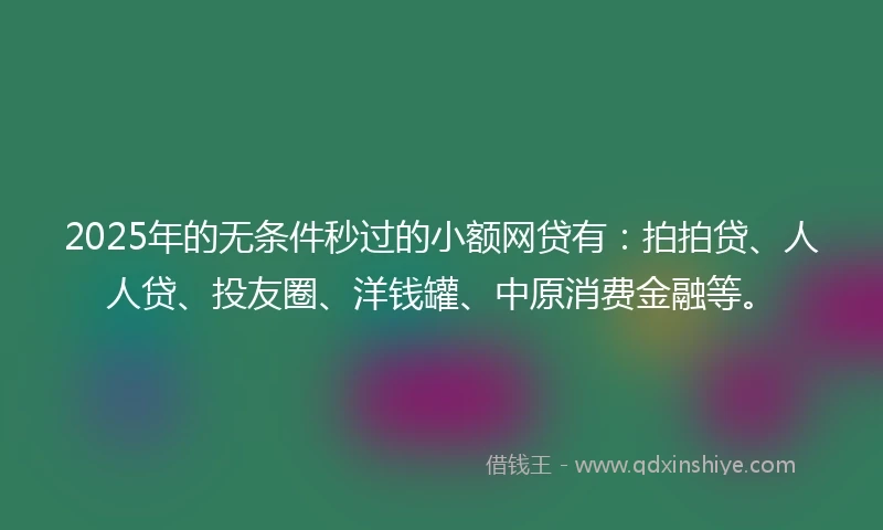 2025年的无条件秒过的小额网贷有：拍拍贷、人人贷、投友圈、洋钱罐、中原消费金融等。
