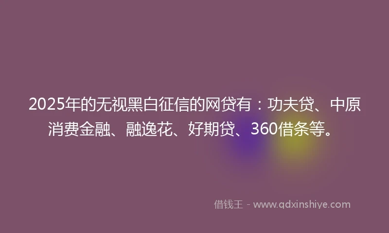 2025年的无视黑白征信的网贷有：功夫贷、中原消费金融、融逸花、好期贷、360借条等。