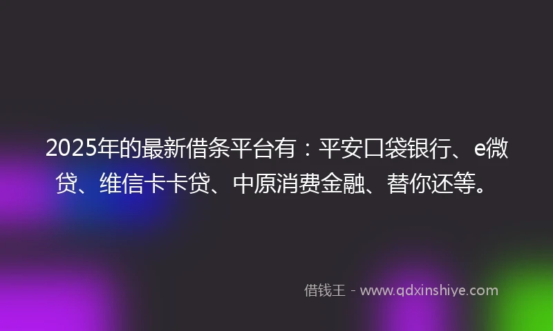 2025年的最新借条平台有:平安口袋银行、e微贷、维信卡卡贷、中原消费金融、替你还等。