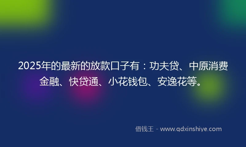 2025年的最新的放款口子有：功夫贷、中原消费金融、快贷通、小花钱包、安逸花等。