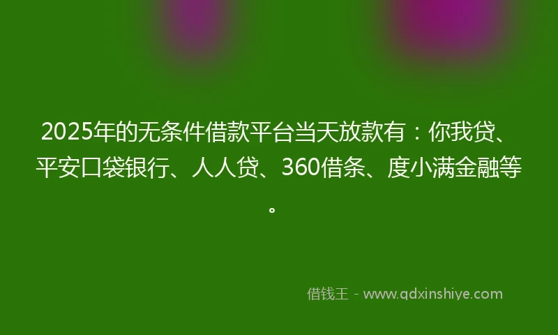2025年的无条件借款平台当天放款有：你我贷、平安口袋银行、人人贷、360借条、度小满金融等。