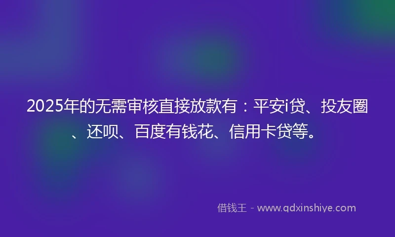 2025年的无需审核直接放款有：平安i贷、投友圈、还呗、百度有钱花、信用卡贷等。