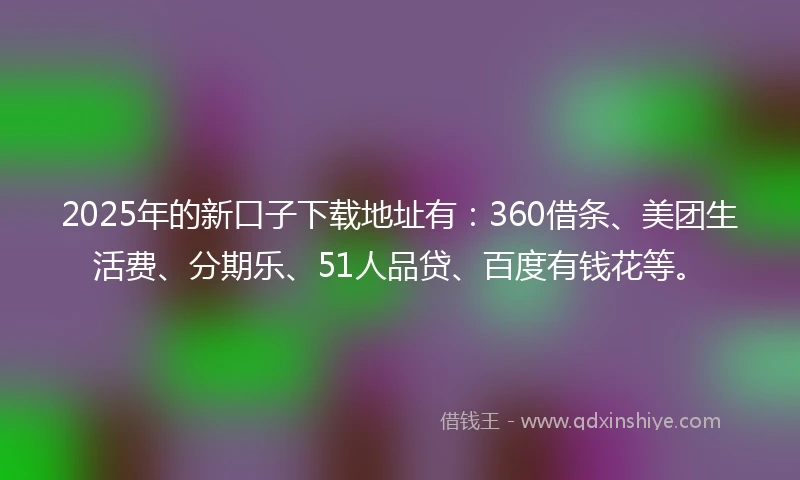 2025年的新口子下载地址有：360借条、美团生活费、分期乐、51人品贷、百度有钱花等。