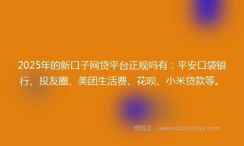 2025年的新口子网贷平台正规吗有：平安口袋银行、投友圈、美团生活费、花呗、小米贷款等。