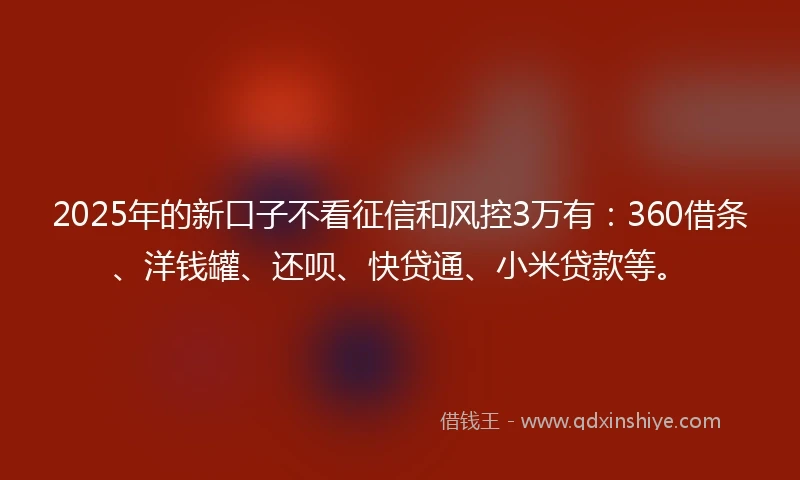 2025年的新口子不看征信和风控3万有：360借条、洋钱罐、还呗、快贷通、小米贷款等。