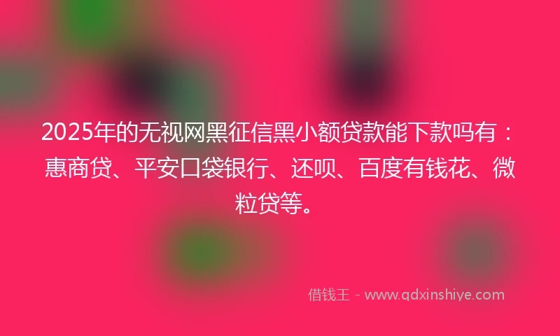 2025年的无视网黑征信黑小额贷款能下款吗有：惠商贷、平安口袋银行、还呗、百度有钱花、微粒贷等。