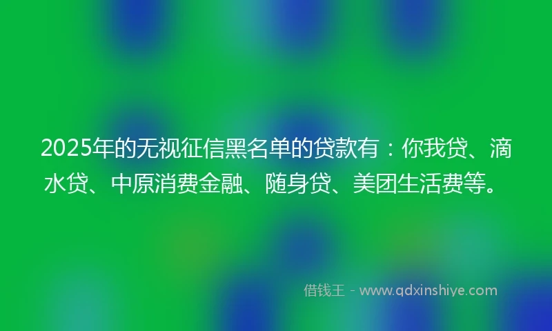 2025年的无视征信黑名单的贷款有:你我贷、滴水贷、中原消费金融、随身贷、美团生活费等。