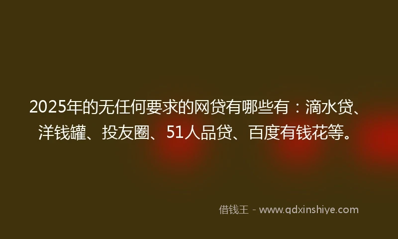 2025年的无任何要求的网贷有哪些有：滴水贷、洋钱罐、投友圈、51人品贷、百度有钱花等。