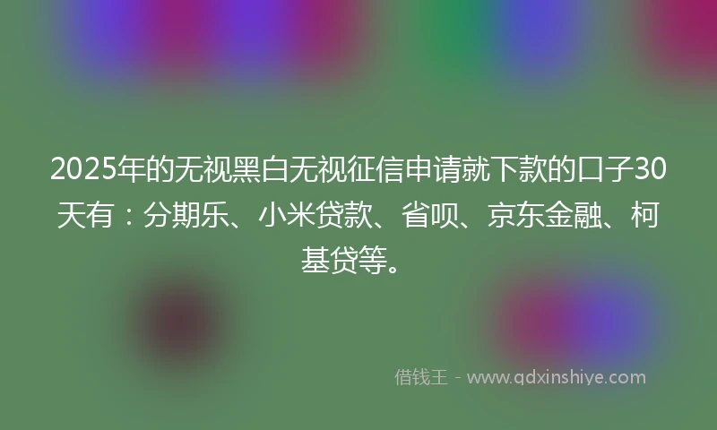 2025年的无视黑白无视征信申请就下款的口子30天有：分期乐、小米贷款、省呗、京东金融、柯基贷等。