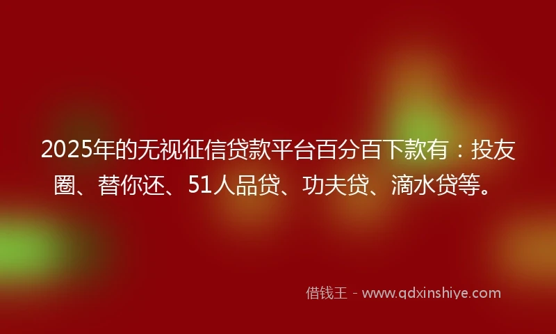 2025年的无视征信贷款平台百分百下款有：投友圈、替你还、51人品贷、功夫贷、滴水贷等。
