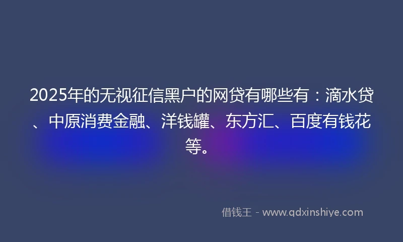 2025年的无视征信黑户的网贷有哪些有：滴水贷、中原消费金融、洋钱罐、东方汇、百度有钱花等。