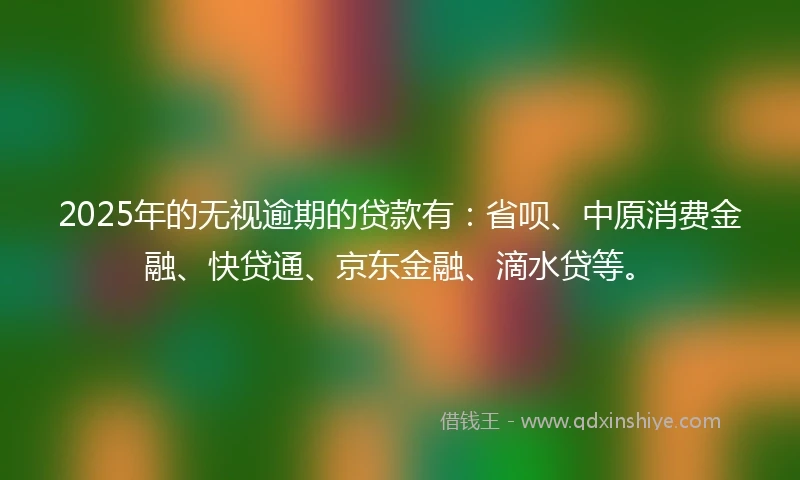 2025年的无视逾期的贷款有：省呗、中原消费金融、快贷通、京东金融、滴水贷等。