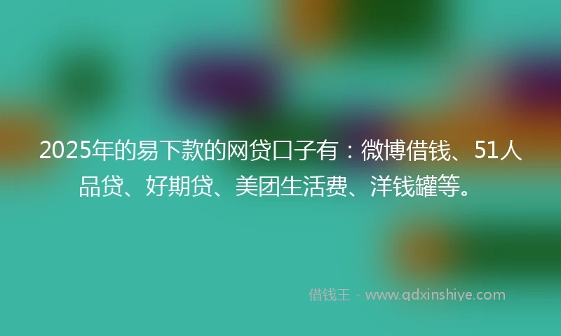 2025年的易下款的网贷口子有：微博借钱、51人品贷、好期贷、美团生活费、洋钱罐等。